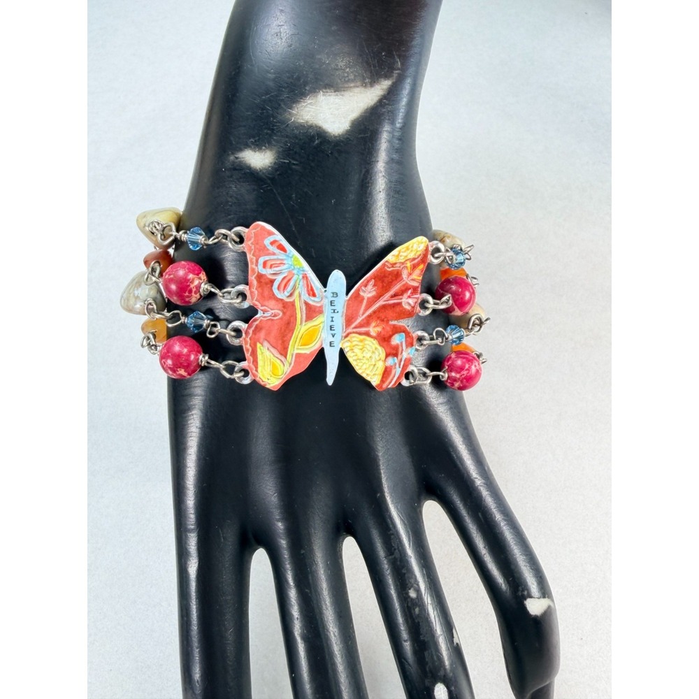 Caroline Simas Signed Butterfly Believe Bracelet Multi Strand Beaded Statement